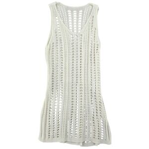 Womens MEDIUM Crochet Knit Womens Boho Coastal Cream Beach Cover Up Tunic Dress